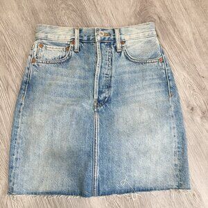 RE/DONE 5 Pocket Worksman Blue Wash Fray/Fringe Hem Logo Button Fly Denim Skirt